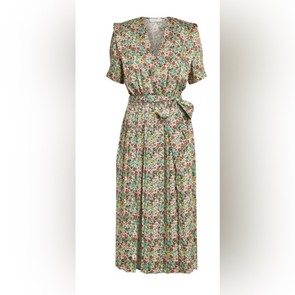 Sandro Fiona Green Pleated floral-print satin-twill midi dress